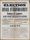 Elections d'un membre du conseil d'arrondissement pour le canton de Lamure. Décret portant convocation des électeurs (13 février 1889). Arrêté préfectoral (15 février 1889).