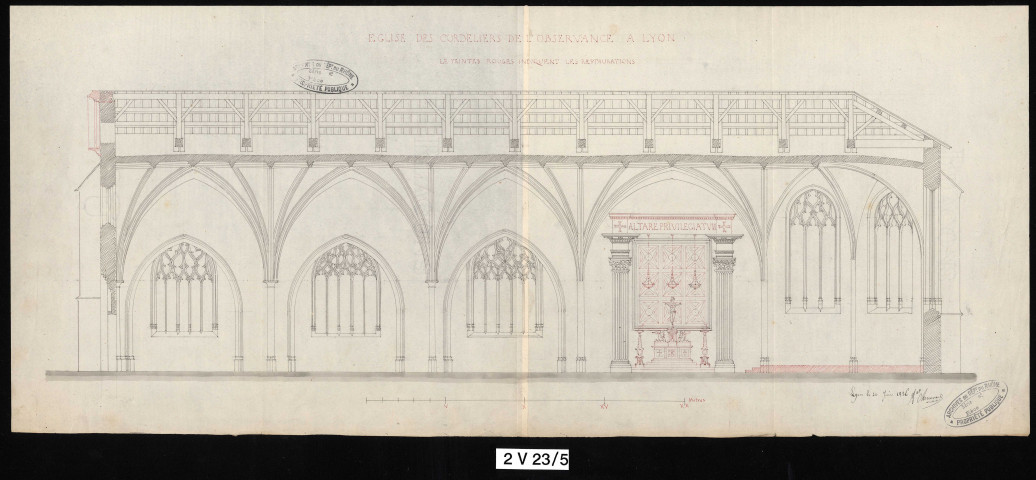 Plan en élévation du bas-côté et d'une chapelle latérale, indiquant les restaurations projetées.