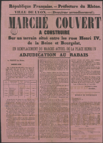 Marché couvert à construire à Lyon sur un terrain situé entre les rues Henri IV, de la Reine et Bourgelat en remplacement du marché actuel de la place Henri IV - Adjudication au rabais (7 mai 1879).
