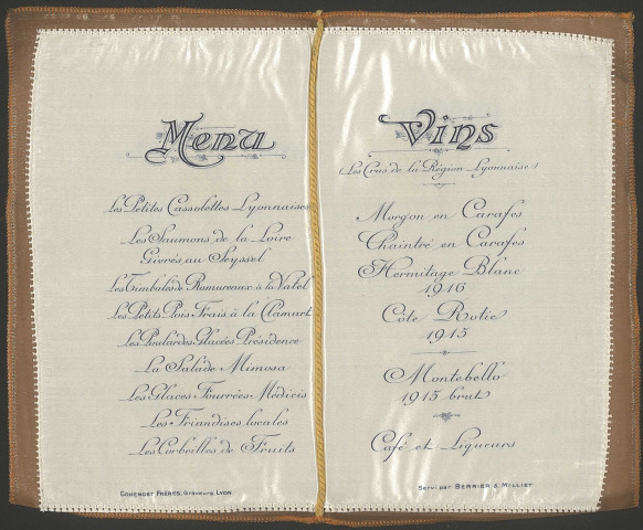 Menu du banquet offert par le conseil général du Rhône et la ville de Lyon à M. Maurice Doumergue, président de la République (7 mars 1926).