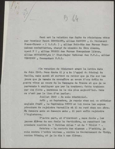 DESCHAMPS Henri, alias GARNIER, BERGER, MONTAGNON, VIGNERON.