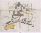Plan du chapitre d'Alix avec tracé du chemin vicinal n°15 tendant du chemin d'intérêt commun n°26 à la place publique d'Alix et dessin de la parcelle de terrain rétrocédée par la commune au séminaire.