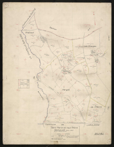 Verso : section AS partie Ouest : parcelles n° 1-17, 19-26, 97-145. Levé effectué du 20 octobre au 3 novembre 1954 : planchette n° 20 J.