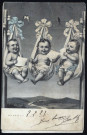 Trois bébés suspendus au fil du télégraphe en compagnie d'hirondelles.