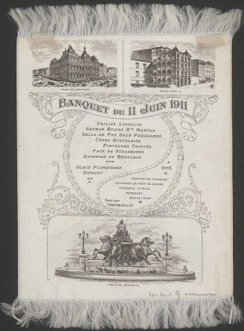 Menu du banquet du Congrès des avoués de 1ère instance de France (Lyon, 10 au 12 juin 1911).