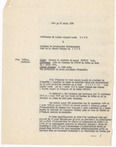 Rapport de l'officier de police adjoint Louis Brun au chef de la Sûreté urbaine de Lyon au sujet du "recours en amnistie du nommé TOUVIER Paul".