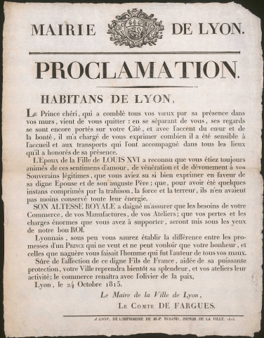 Proclamation. Habitants de Lyon (24 octobre 1815).