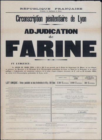 Circonscription pénitentiaire de Lyon. Adjudication de farine (20 février 1935).