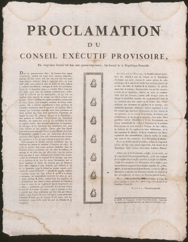 Proclamation du conseil exécutif provisoire, le 22 janvier 1793, l'An second de la République française.