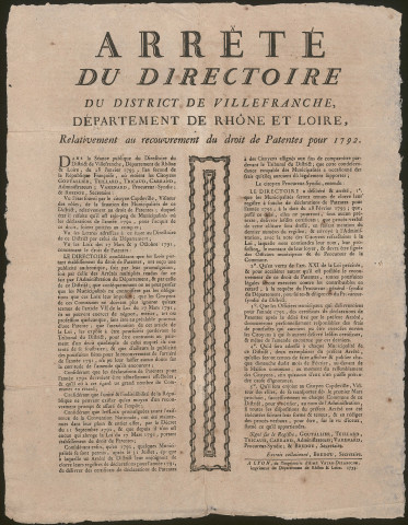 Arrêté du Directoire du district de Villefranche, département de Rhône et Loire, le 28 janvier 1793, l'An second de la République française, relativement au recouvrement de droit de patentes pour 1792.