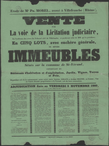 Vente par expropriation forcée d'immeubles à Cours et Mardore (3 juillet 1874).