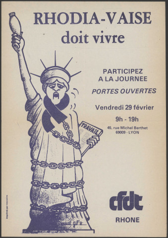 Manifestations contre la fermeture de l’usine Rhodiacéta à Vaise par la CFDT Rhône, 30x42 cm, Couleur.