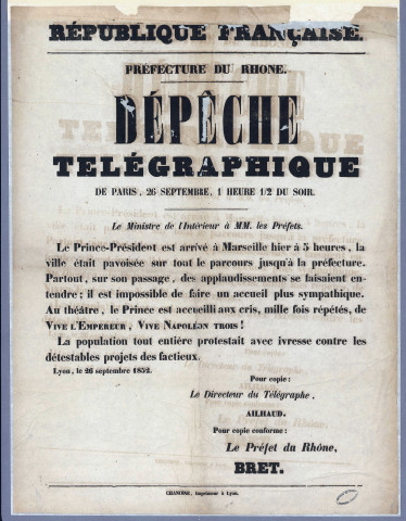 Visite du prince-président Louis-Napoléon Bonaparte à Marseille. Dépêche télégraphique (26 septembre 1852).