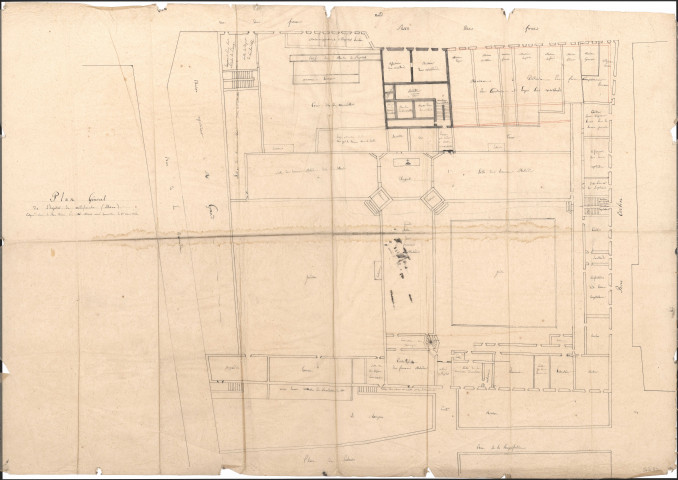 Plan général du rez-de-chaussée de l'hôpital avec indication des maisons à détruire pour la construction du logement des vieillards.