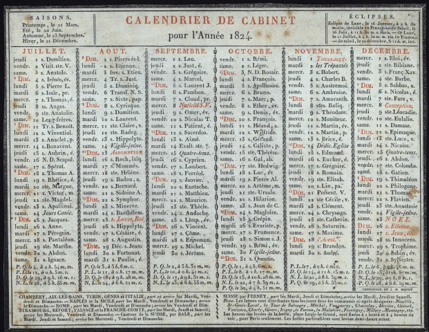 Calendrier de cabinet pour l'année 1824.