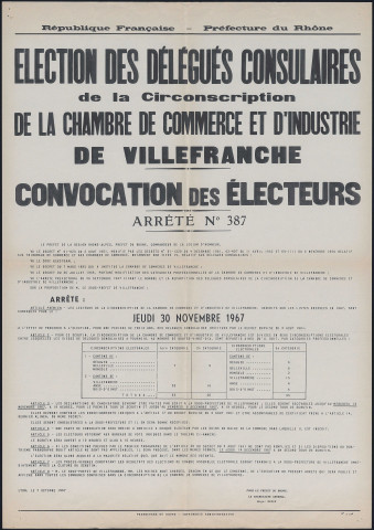 Election des délégués consulaires de la circonscription de la chambre de commerce et d'industrie de Villefranche. Convocation des électeurs. Arrêté préfectoral (7 octobre 1967).