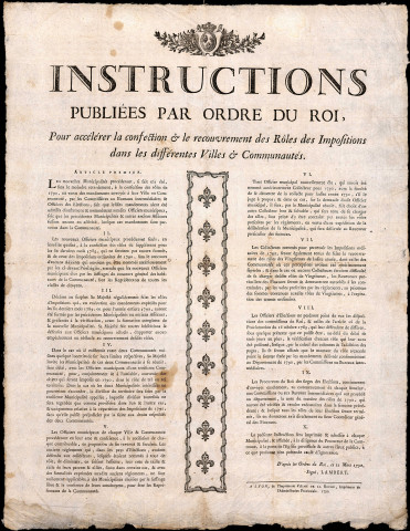 Instructions publiées par ordre du Roi pour accélérer la confection et le recouvrement des rôles des impositions dans les différentes villes et communautés.