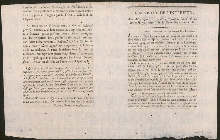 Décrets de la Convention nationale du 6 décembre 1792, l'An premier de la République, relatifs aux subsistances.