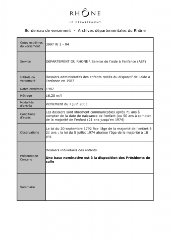 3997W - Département du Rhône - Aide sociale à l'enfance