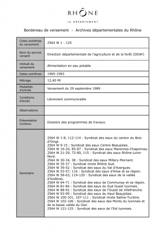 Alimentation en eau potable du canton du Bois-d'Oingt et du secteur du centre Beaujolais.
