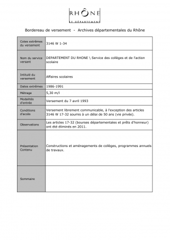 3146W - Département du Rhône - Affaires scolaires