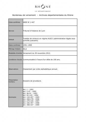 4809W - Tribunal d'instance de Lyon - Tutelles de mineurs