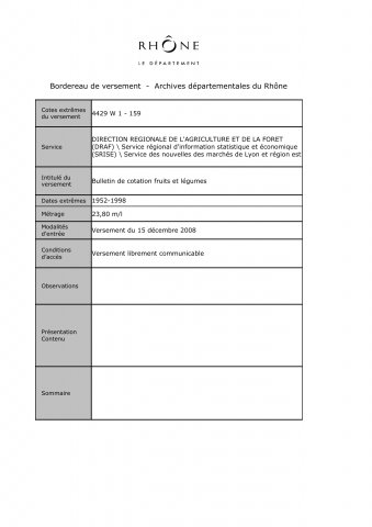 Bulletin de cotation des fruits et légumes.