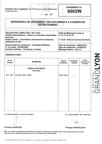 Bureau restreint, préparation et tenue des réunions.