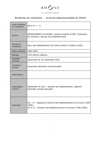 4615W - Département du Rhône - Aide sociale à l'enfance (ASE), suivi des établissements
