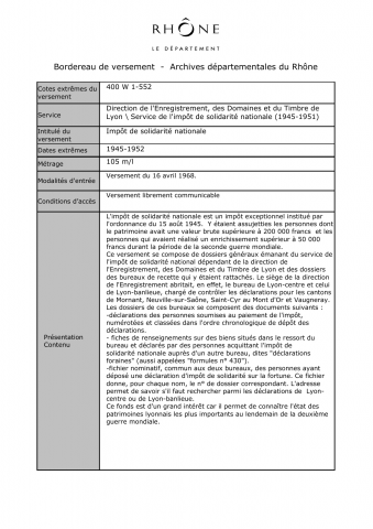 400W - Direction de l'enregistrement, des domaines et du timbre de Lyon - Impôt de solidarité nationale (ISN)