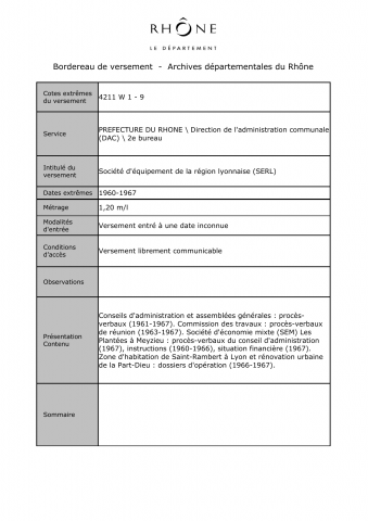 4211W - Préfecture du Rhône - Société d'équipement de la région lyonnaise (SERL)