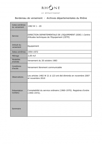 1482W - Direction départementale de l'équipement (DDE) - Comptabilité de l'Equipement