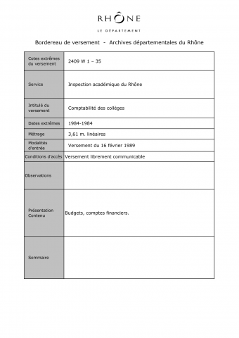 2409W - Inspection académique du Rhône - Comptabilité des collèges