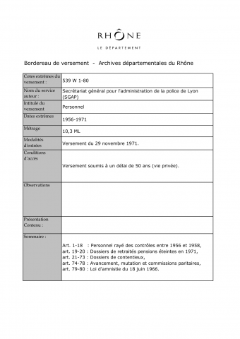 539W - Secrétariat général pour l'administration de la police de Lyon (SGAP) - Personnel de police