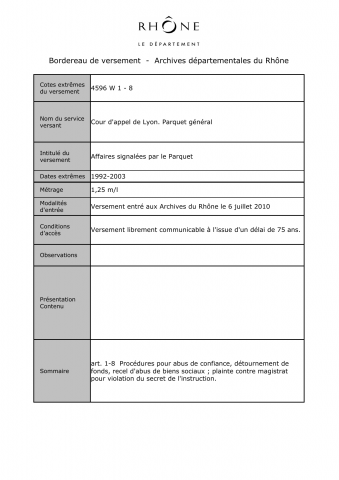 Affaires signalées par le Parquet général.