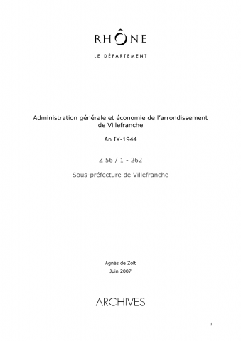 Administration générale et économie de l'arrondissement de Villefranche.