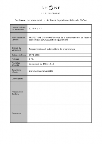 1275W - Préfecture du Rhône - Programmation et autorisations de programmes