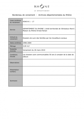 4548W - Département du Rhône - Aide sociale, suivi des familles par les travailleurs sociaux