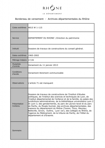 4815W - Département du Rhône - Dossiers de travaux de constructions du conseil général