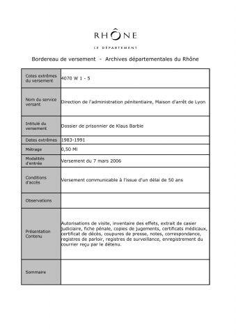 Dossier de prisonnier de Klaus Barbie.
