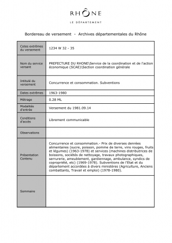 1234W - Préfecture du Rhône - Concurrence et consommation. Subventions