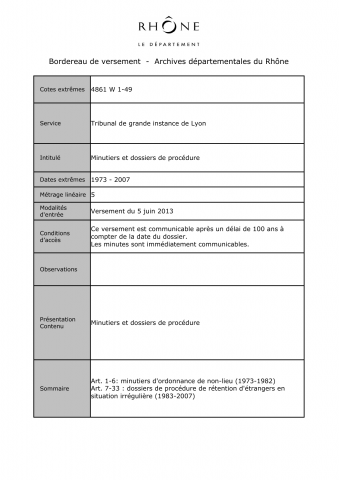 Minutiers des non-lieu et dossiers d'étrangers en situation irrégulière.