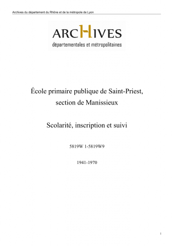 5819W - École primaire publique de Saint-Priest, section de Manissieux - Scolarité, inscription et suivi