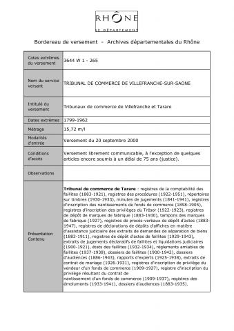 Tribunaux de commerce de Villefranche et Tarare.