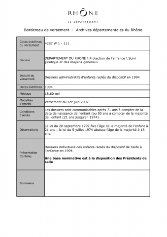 4287W - Département du Rhône - Aide sociale à l'enfance