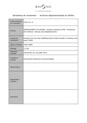 4767W - Département du Rhône - Aide sociale à l'enfance : dossiers de suivi des établissements