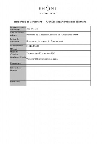 Dommages de guerre du Plan national.