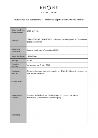 4740W - Département du Rhône - Revenu minimum d'insertion (RMI), instruction des demandes