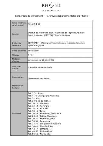 Cours d'eau : monographies de rivières, rapports d'examen hydrobiologiques.