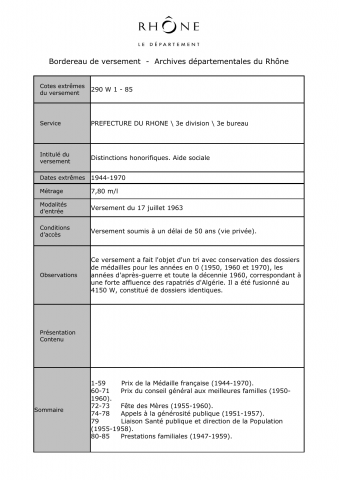 290W - Préfecture du Rhône - Décorations. Aide sociale